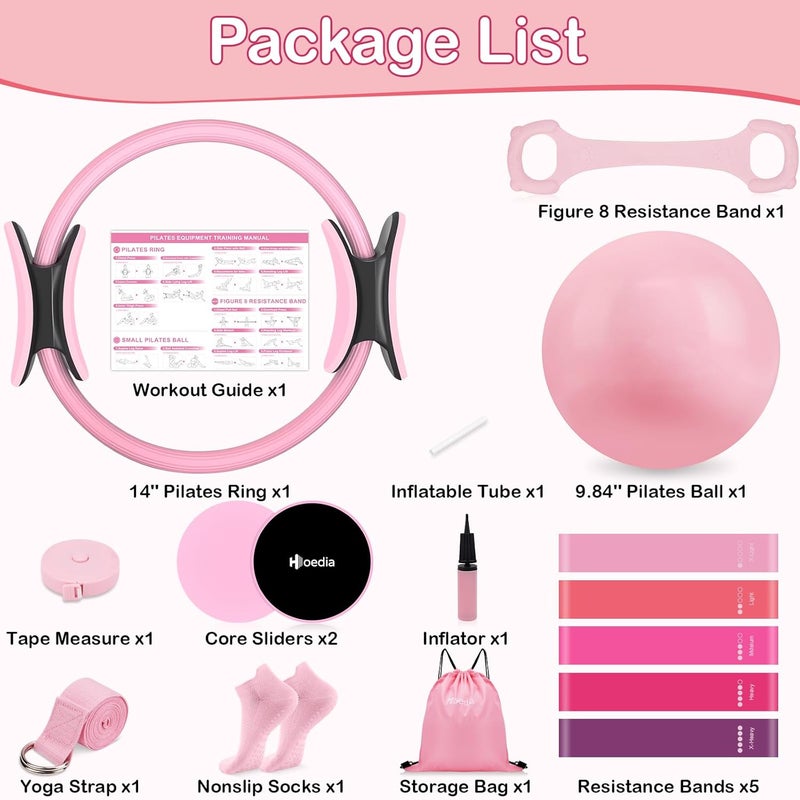 Hoedia 17 PCS Pilates Kit for Women, Pilates Equipment Ring and Ball Set with Resistance Bands, Yoga Strap, Core Sliders, Socks, Bag & Guide for Starter Home Workout Fitness Gym Essentials - Image 2